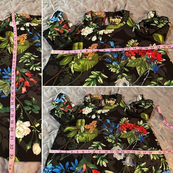 Lulus Oasis Floral We Go Black Tropical Shift Dress Cold Shoulder Split Sleeve S - Picture 13 of 13